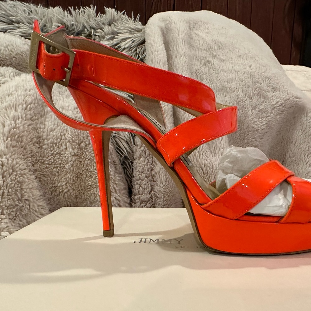 Patent leather Jimmy Choo platform heels in orange